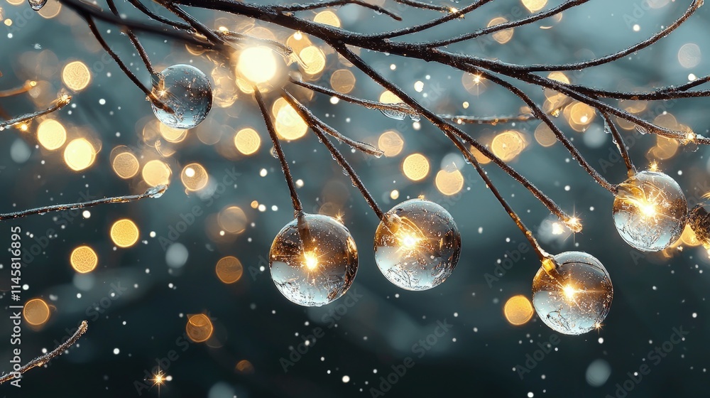 Obraz premium Icy water droplets on branches with bokeh lights.