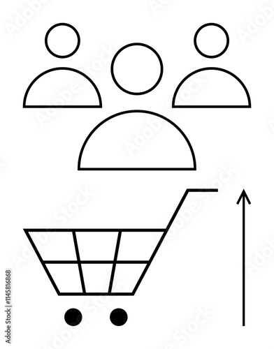 Shopping cart beneath three human symbols and upward arrow symbolizing consumer growth. Ideal for marketing, e-commerce, consumer trends, business strategy, customer relations, growth, retail. Line