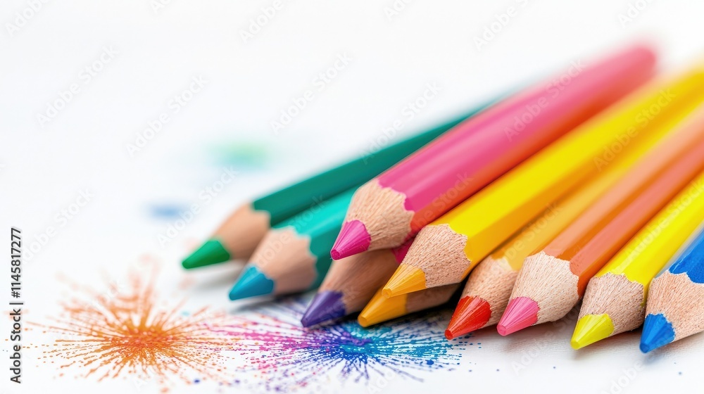 Colorful pencils arranged on white background with crayon marks. Colorful pencils arranged on white background with crayon marks.