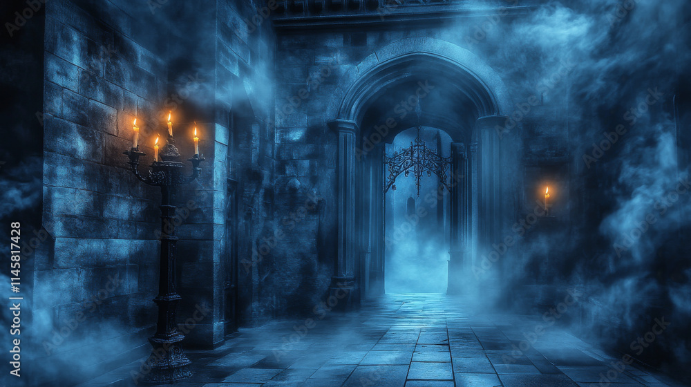 Hall interior with ghost in medieval royal castle at night. Vector cartoon illustration of empty hallway in baroque palace with stairs, balustrade, glowing candles and mystical fog Hall interior with ghost in medieval royal castle at night. Vector cartoon illustration of empty hallway in baroque palace with stairs, balustrade, glowing candles and mystical fog
