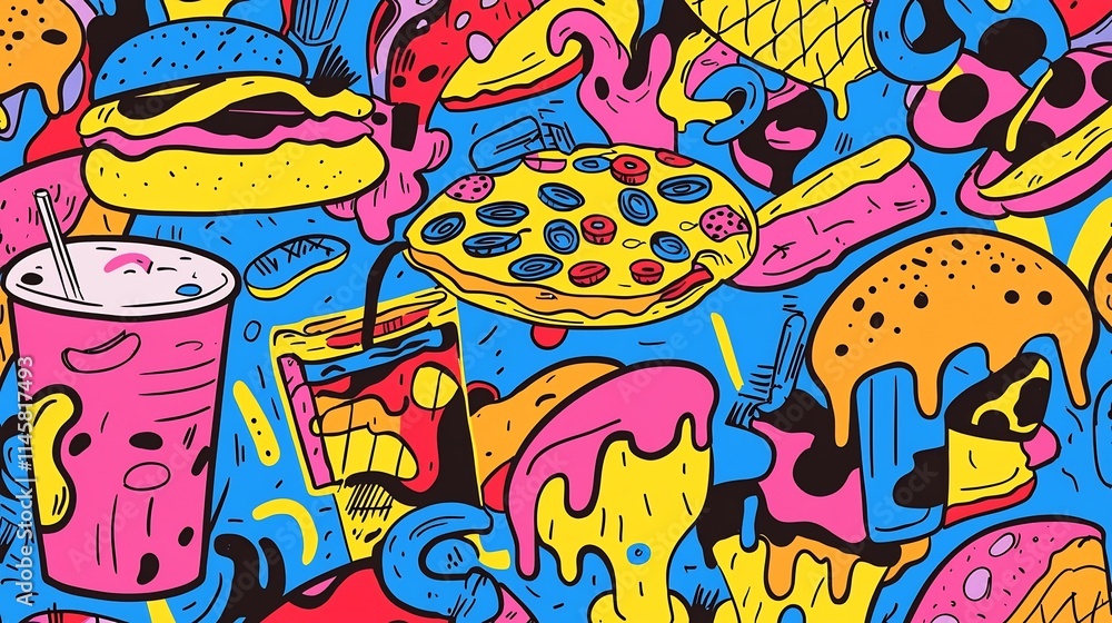Fototapeta premium Whimsical Doodle Composition of Vibrant Illustrated Food Items