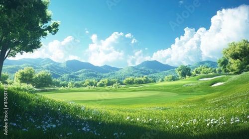 Wallpaper Mural Vibrant golf course landscape with rolling green hills and dramatic blue sky featuring fluffy white clouds in a serene outdoor setting. Torontodigital.ca