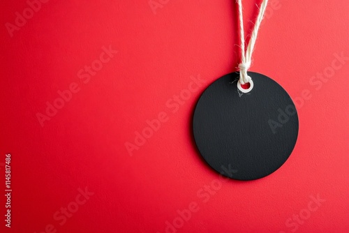 Minimalist black tag with white string on bold red background