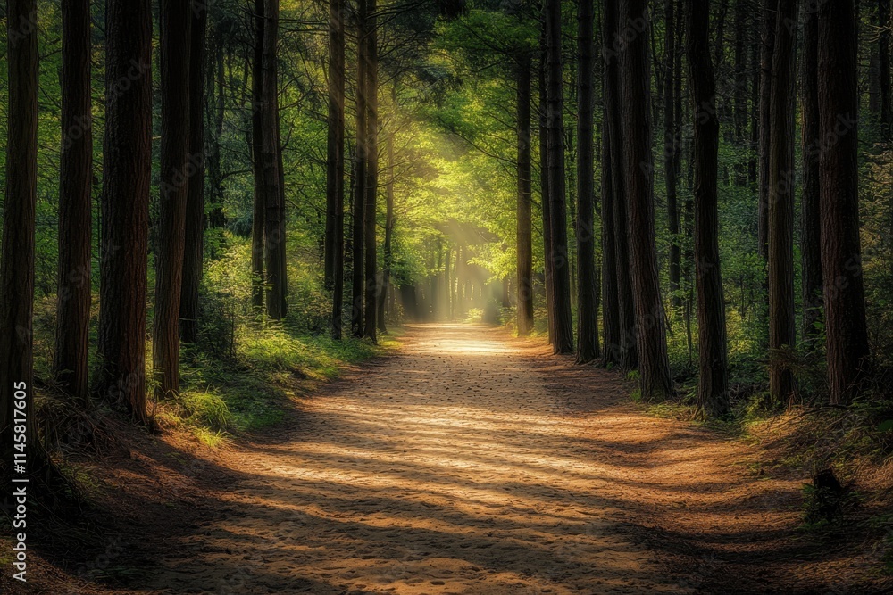 Fototapeta premium Exploring a serene sand path through a tranquil forest nature photography illuminated by sunlight peaceful environment calm viewpoint embracing sand's beauty