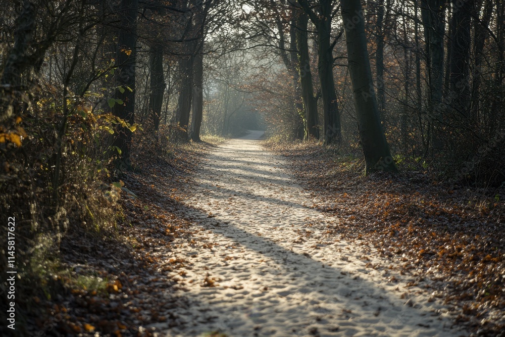Obraz premium Serene sand-covered path through a tranquil forest in autumn nature photography peaceful environment capturing natural beauty