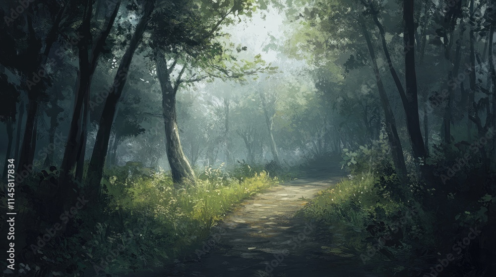 Fototapeta premium Serene trekking path through a misty forest showcasing lush greenery and dappled sunlight filtering through the trees