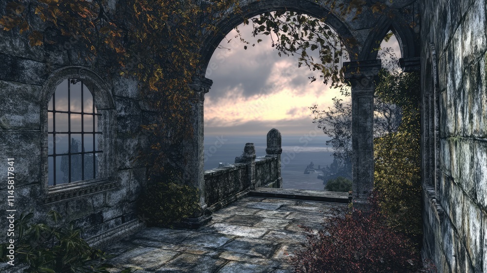 Fototapeta premium Ruins of an ancient structure with arched windows overlooking a scenic landscape at dusk