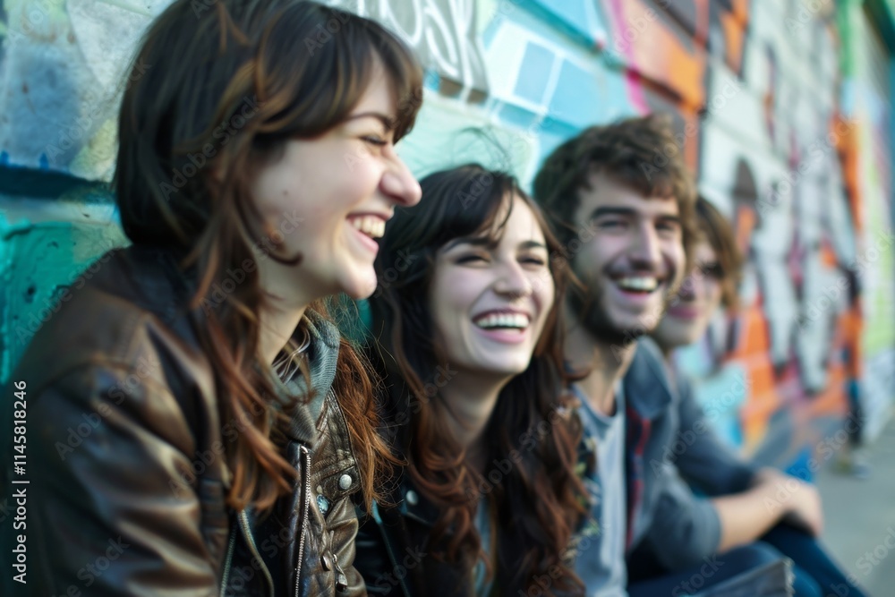 Group of young people in front of graffiti wall. Smiling and looking at camera. Group of young people in front of graffiti wall. Smiling and looking at camera.