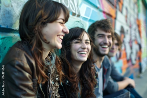 Group of young people in front of graffiti wall. Smiling and looking at camera.