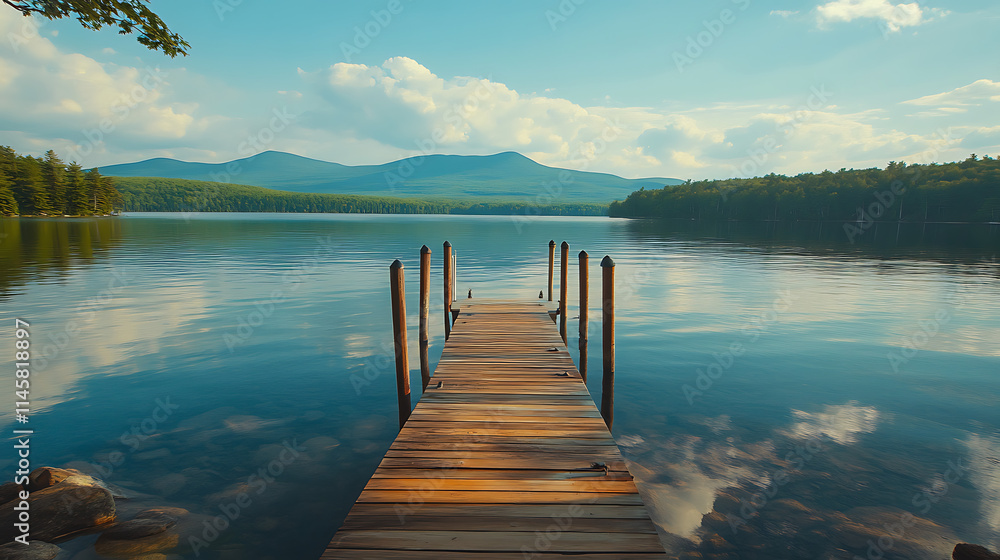 Crystal clear lake with wooden docks extending into the water, surrounded by soft morning light and distant mountains Crystal clear lake with wooden docks extending into the water, surrounded by soft morning light and distant mountains