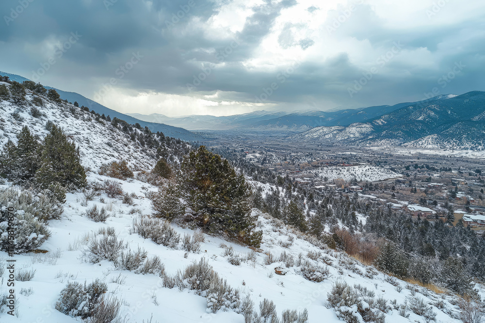 Fototapeta premium Winter Storm Over Mountain Range: Dramatic, Overcast Daylight