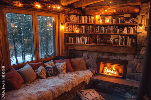 Cozy Cabin: Fireplace, Bookshelf, and Winter View