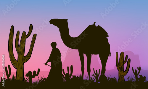 Silhouettes camel caravan with desert landscape background for islamic eid adha or ramadan banner vector illustration.