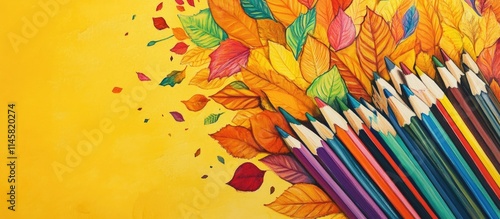 Colorful autumn leaves and school supplies including pencils and paints on a vibrant yellow background ideal for back to school themes photo