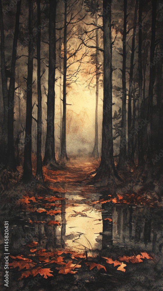 Fototapeta premium Autumnal Forest Clearing Watercolor Painting: Tranquil Rain, Dramatic Reflections