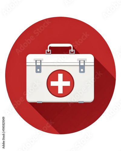 First kit aid medical icon on red circle . Emergency medical box icon . Vector illustration