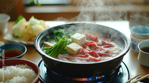 Cozy Japanese Kitchen With Hot Pot of Shabu Shabu and Fresh Ingredients photo