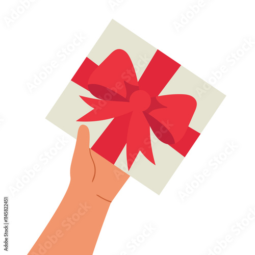 Hand holding white gift box with red ribbon and bow. Valentines Day celebration. Vector illustration isolated on white background. 