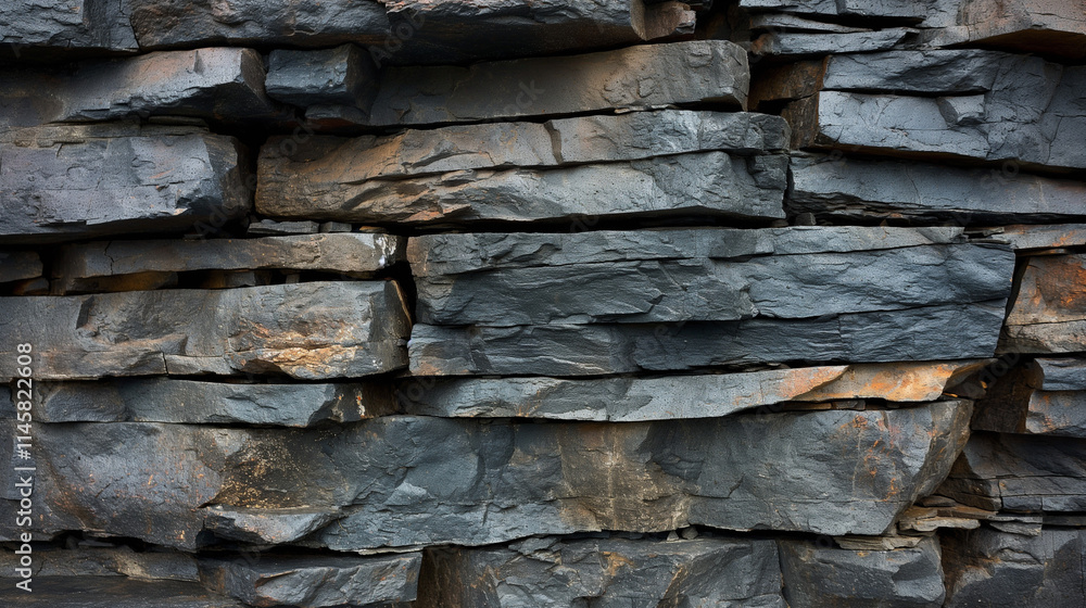 Close-up of dark layered rock with natural textures. Close-up of dark layered rock with natural textures.