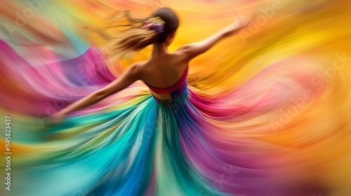 A young woman with light skin twirls in a vibrant, rainbow-colored gown, her movement creating a mesmerizing blur of color and motion.