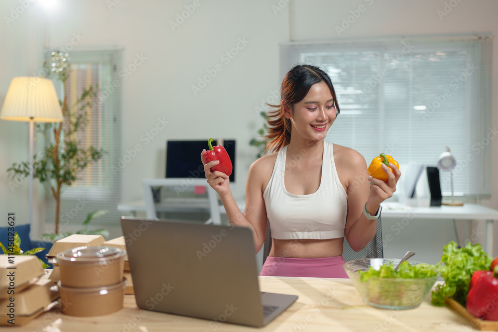 Young Asian woman live chatting, video calling on laptop computer, how to lose weight with diet. Introducing useful fruits and vegetables Lifestyle Influencer Healthy concept, lifestyle. Young Asian woman live chatting, video calling on laptop computer, how to lose weight with diet. Introducing useful fruits and vegetables Lifestyle Influencer Healthy concept, lifestyle.