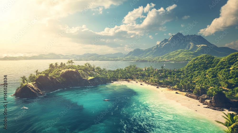 Fototapeta premium Tropical Island Paradise: Beach, Ocean, Mountains, Palms, Sun