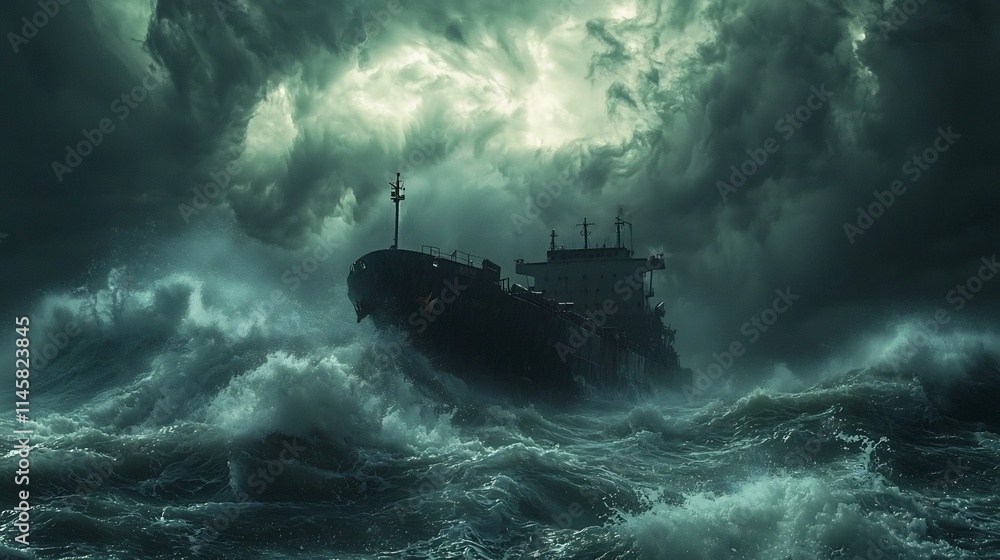 Fototapeta premium Cargo Ship Braving Stormy Seas on Perilous Ocean Voyage