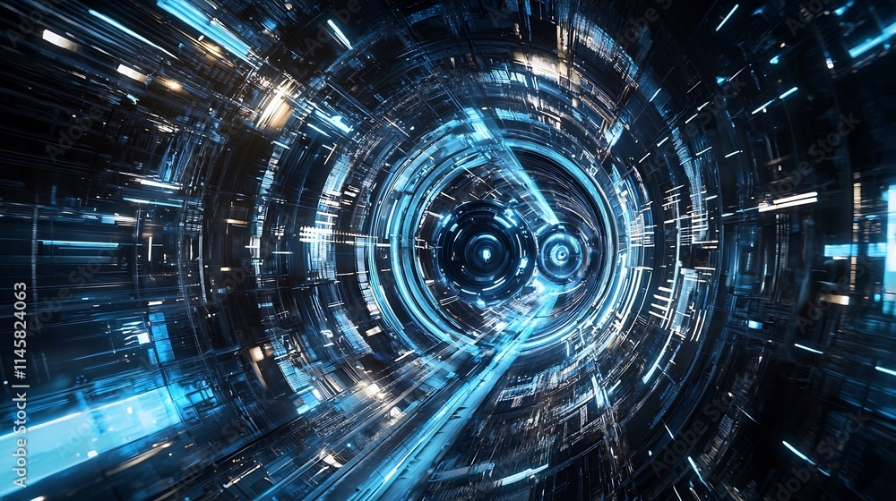 Fototapeta premium Hyper-Speed Metallic Capsule Racing Through Neon-Lit Futuristic Tunnel