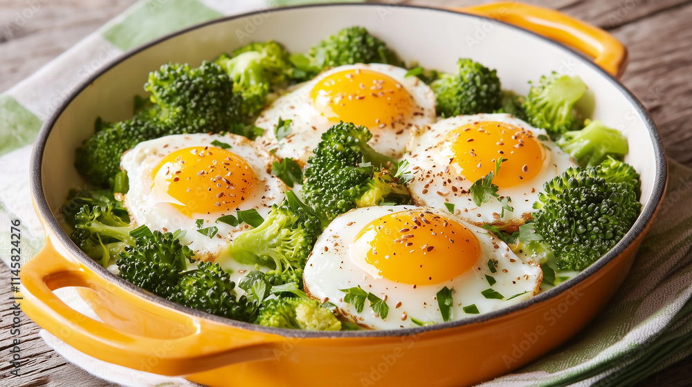 Sunny-Side Up Eggs with Steamed Broccoli in a Yellow Dish Sunny-Side Up Eggs with Steamed Broccoli in a Yellow Dish
