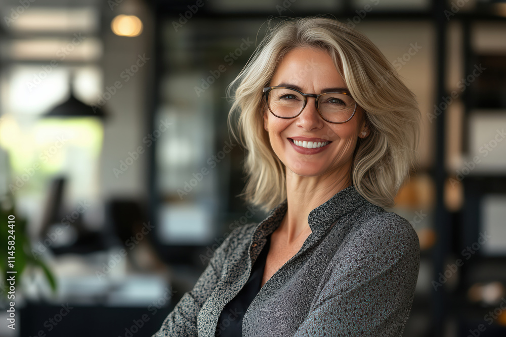 Portrait of smiling middle aged business woman wearing glasses in office at work. Portrait of smiling middle aged business woman wearing glasses in office at work.