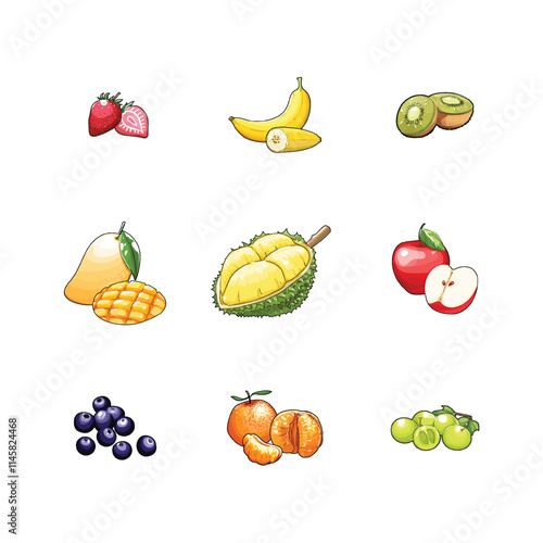 Handdrawn fresh fruits and berries illustration set, Fruit collection in flat hand drawn style, illustrations set. graphic design elements, Ingredients color cliparts