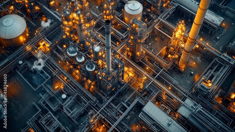 Aerial View of Industrial Plant with Complex Piping and Machinery Aerial View of Industrial Plant with Complex Piping and Machinery