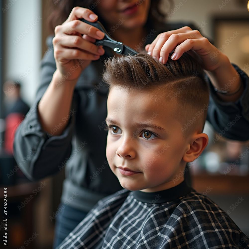 Fototapeta premium Little boy getting haircut by hairdresser at barbershop