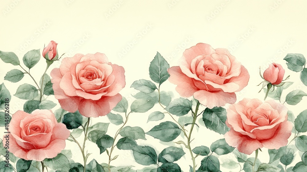 Watercolor Painting of Delicate Pink Roses in Full Bloom Watercolor Painting of Delicate Pink Roses in Full Bloom