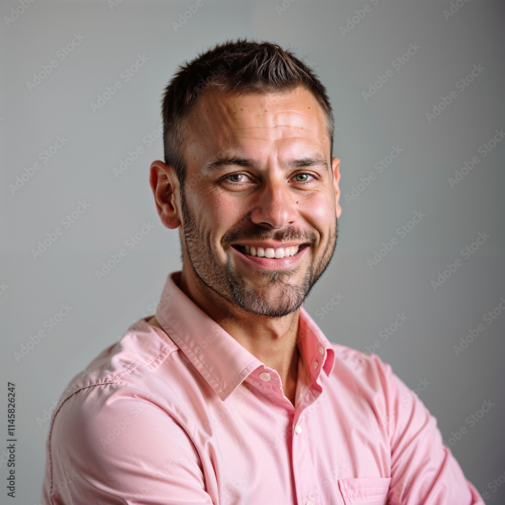 Obraz premium Portrait of a smiling man looking at the camera on gray background