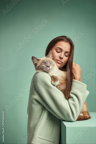 A young woman with long brown hair embraces her fluffy cat with love and affection who appears calm and content