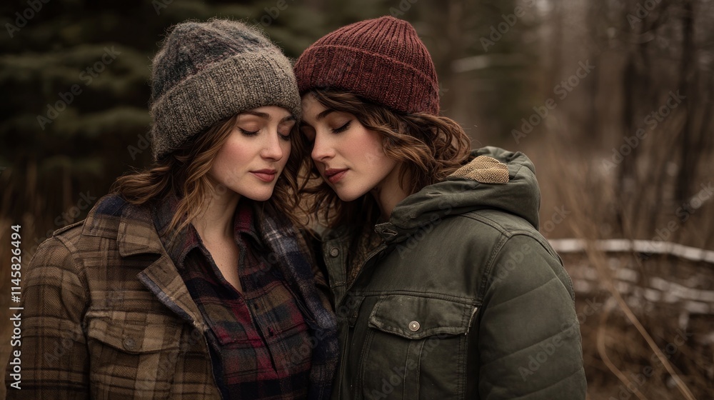 Two women in winter hats and jackets embrace in a forest. Two women in winter hats and jackets embrace in a forest.