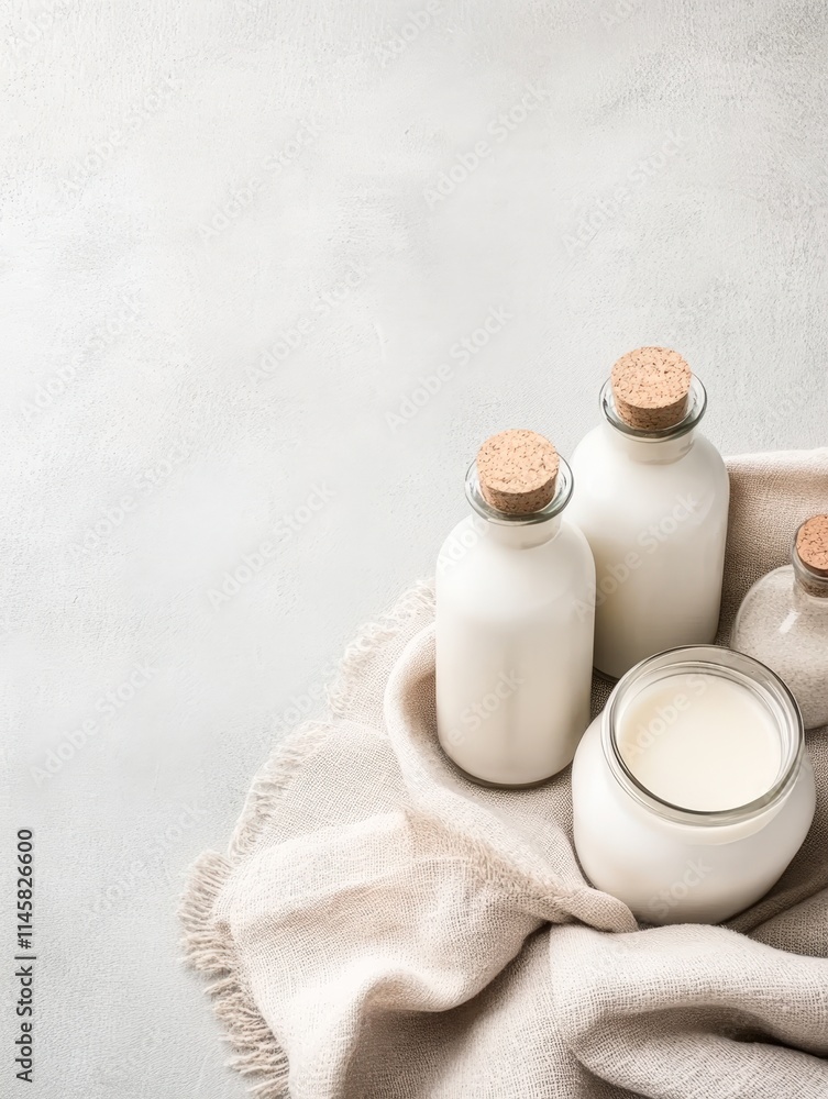 A cozy arrangement of glass bottles filled with milk and a jar on a soft cloth backdrop, perfect for health-related content, recipes, or dairy promotions, Ideal for blogs and online stores, A cozy arrangement of glass bottles filled with milk and a jar on a soft cloth backdrop, perfect for health-related content, recipes, or dairy promotions, Ideal for blogs and online stores,