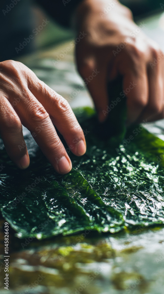 Hands Preparing Nori Seaweed Sheets: Macro Photography of Culinary Detail Hands Preparing Nori Seaweed Sheets: Macro Photography of Culinary Detail