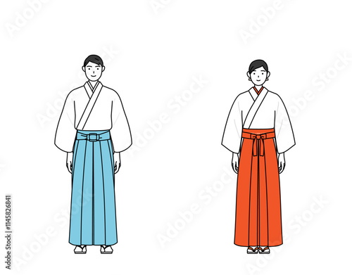 正面を向いた神社の神主と巫女