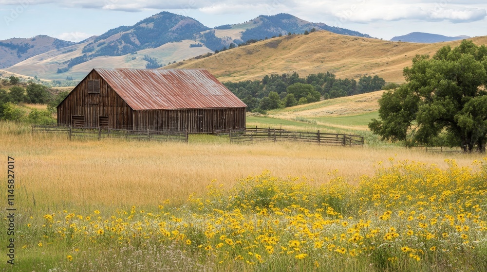 A rustic barn set against rolling hills and wildflower, background under a cloudy sky. A rustic barn set against rolling hills and wildflower, background under a cloudy sky.