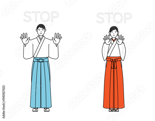 ストップの合図、体の前に手を突き出す神社の神主と巫女