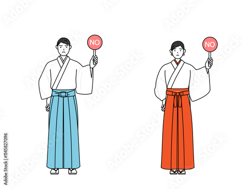 不正解を示すノーの棒を持つ神社の神主と巫女