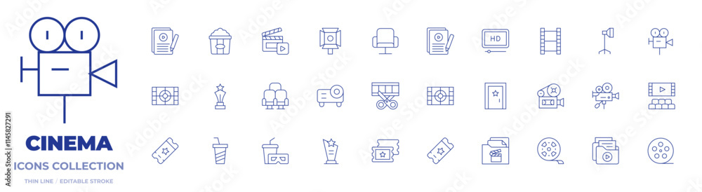 Cinema icons collection. Thin Line icons, editable stroke. door, chair, clapperboard, movie, photographic film, projector, script, seat, spotlight, popcorn, trophy, hd film Cinema icons collection. Thin Line icons, editable stroke. door, chair, clapperboard, movie, photographic film, projector, script, seat, spotlight, popcorn, trophy, hd film