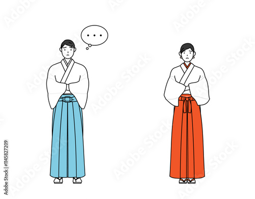 腕を組んで考える神社の神主と巫女