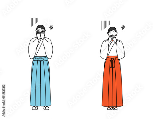 落ち込んで顔を覆う神社の神主と巫女