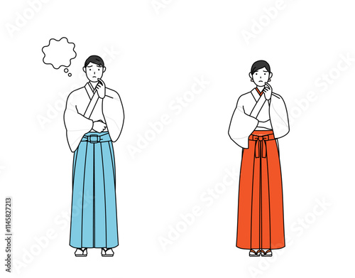 顔に手を当てて考える神社の神主と巫女