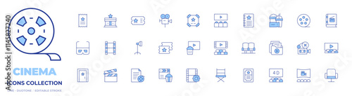 Cinema icons collection. Line Duotone style, editable stroke. d glasses, cinema, door, film, light, scenario, tickets, director chair, film reel