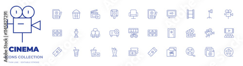 Cinema icons collection. Thin Line icons, editable stroke. door, chair, clapperboard, movie, photographic film, projector, script, seat, spotlight, popcorn, trophy, hd film