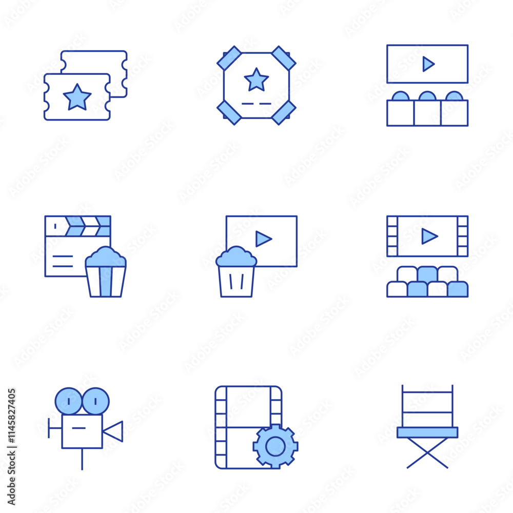 Cinema icons set. Line Duotone style, editable stroke. cinema, movie poster, tickets, video camera, director chair, film reel Cinema icons set. Line Duotone style, editable stroke. cinema, movie poster, tickets, video camera, director chair, film reel